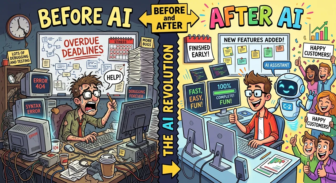 Cartoon i to halvdele: 'Before AI' med en stresset udvikler, fejlbeskeder og overskredne deadlines — og 'After AI' med en glad udvikler, en AI-assistent, nye features og tilfredse kunder.