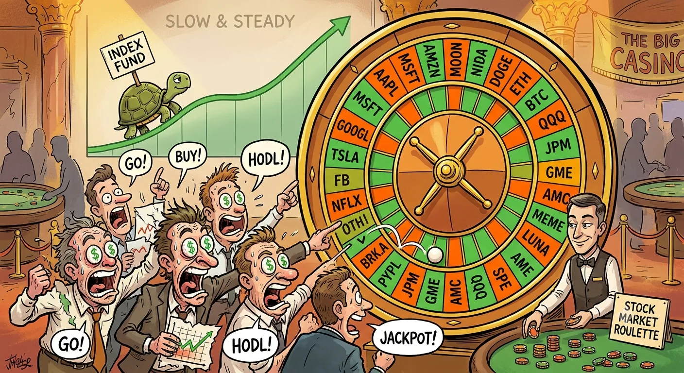 Tegning: et kæmpe roulettehjul med aktietickere som AAPL, TSLA, GME og DOGE i felterne, omgivet af råbende tradere med dollartegn i øjnene og talebobler med “BUY!”, “HODL!” og “JACKPOT!”. I baggrunden går en skildpadde med et skilt med teksten “Index Fund” roligt op ad en stigende kurve mærket “Slow & Steady”.